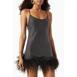 NWOT Leslie Amon Laurie Black Embellished Mini Dress Ostrich Feather Hem Size M